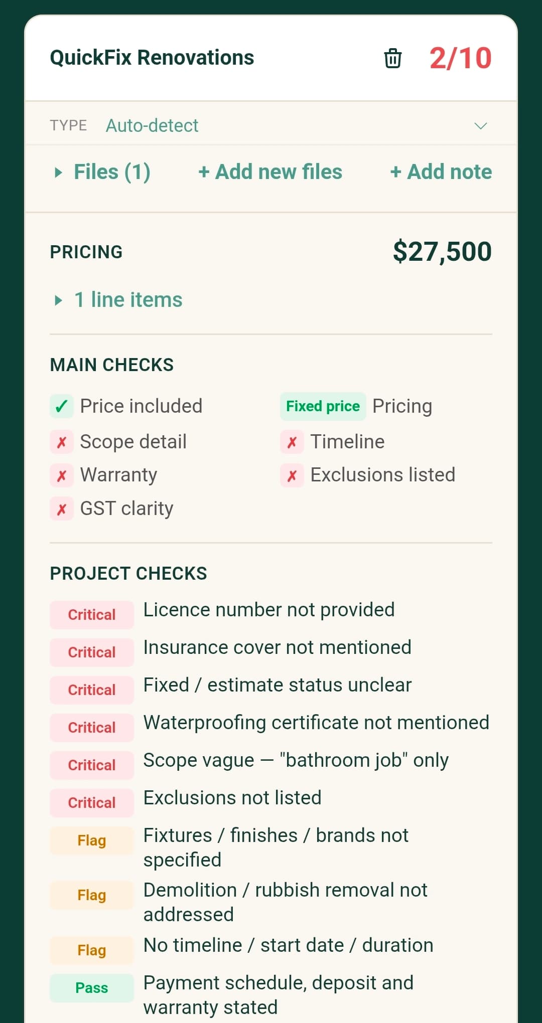 Example RennoMate verdict for a single renovation quote showing score, main checks and concerns
